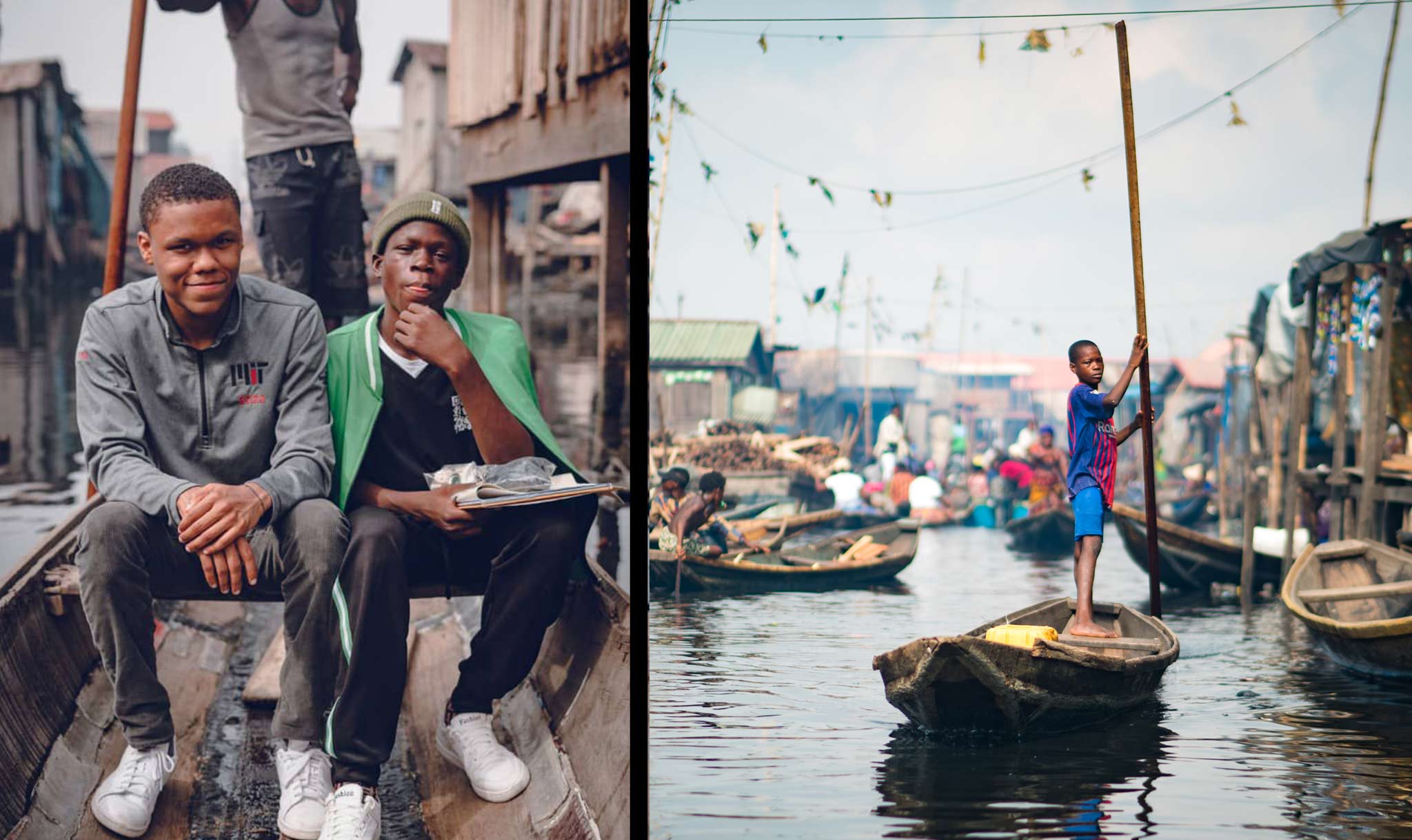 Tyrone Davis (left) took a boat to the community of Makoko.
