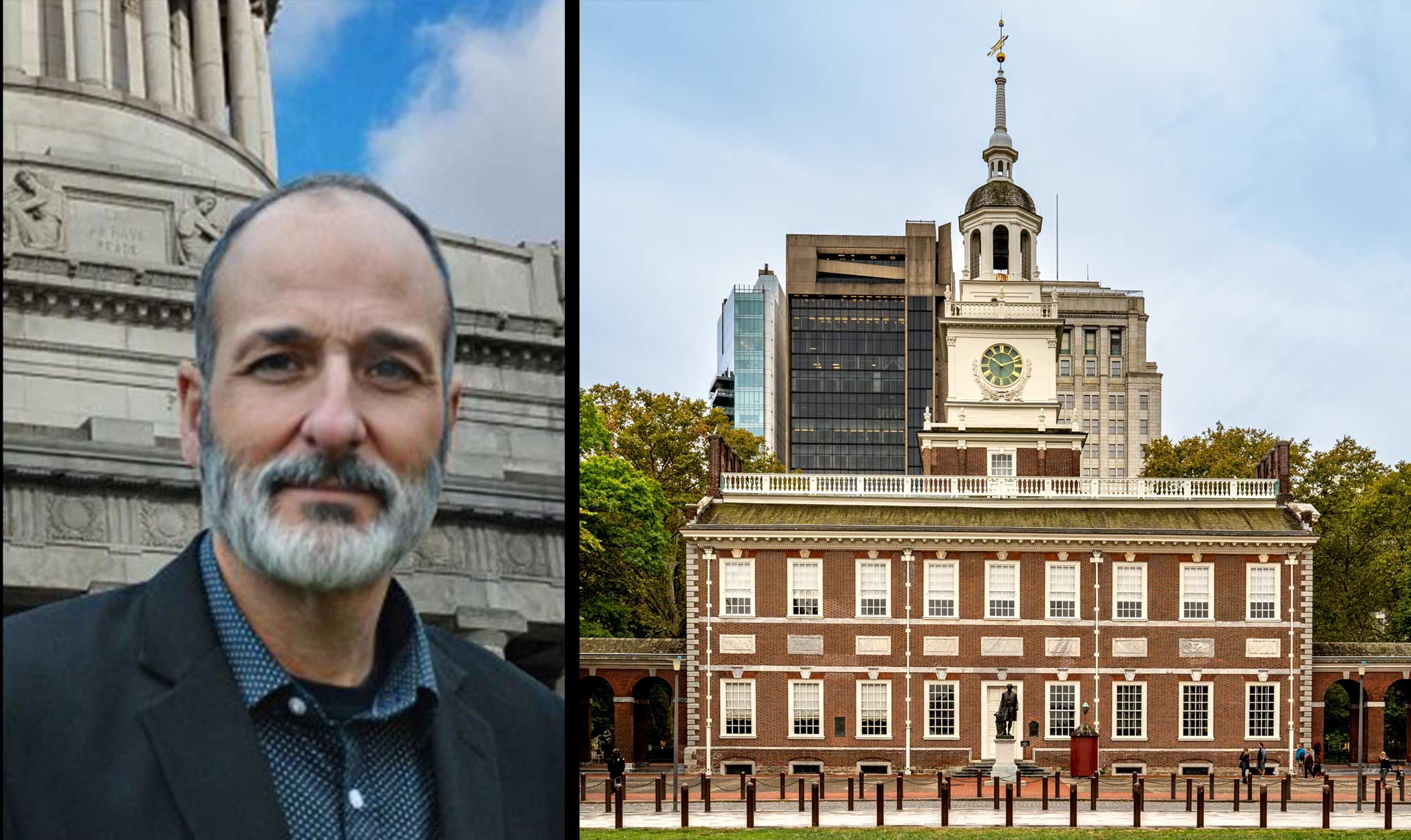 Historian Louis Picone and Independence Hall as it appears today.