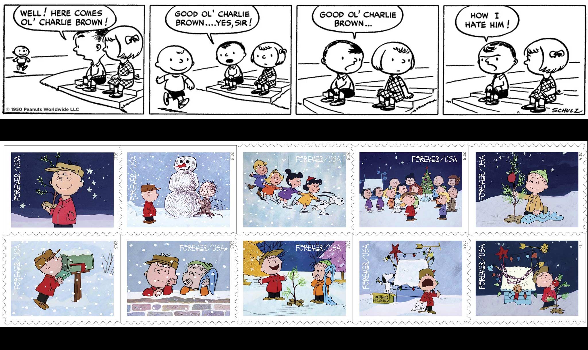 The first Peanuts strip in 1950 and USPS stamps from 2015