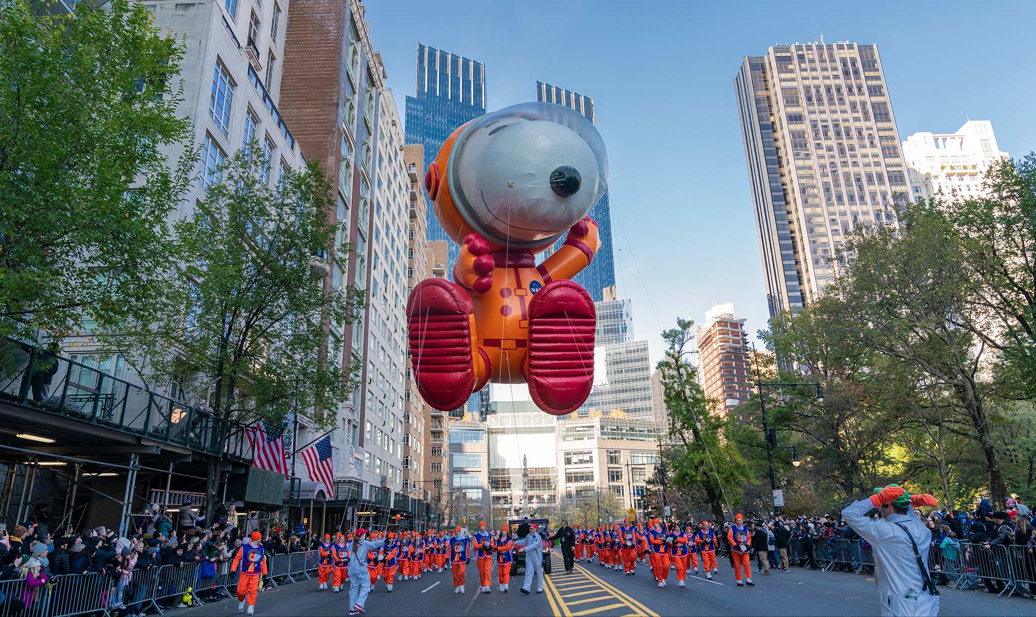 Snoopy the astronaut floats as a balloon in the Thanksgiving Day Parade.