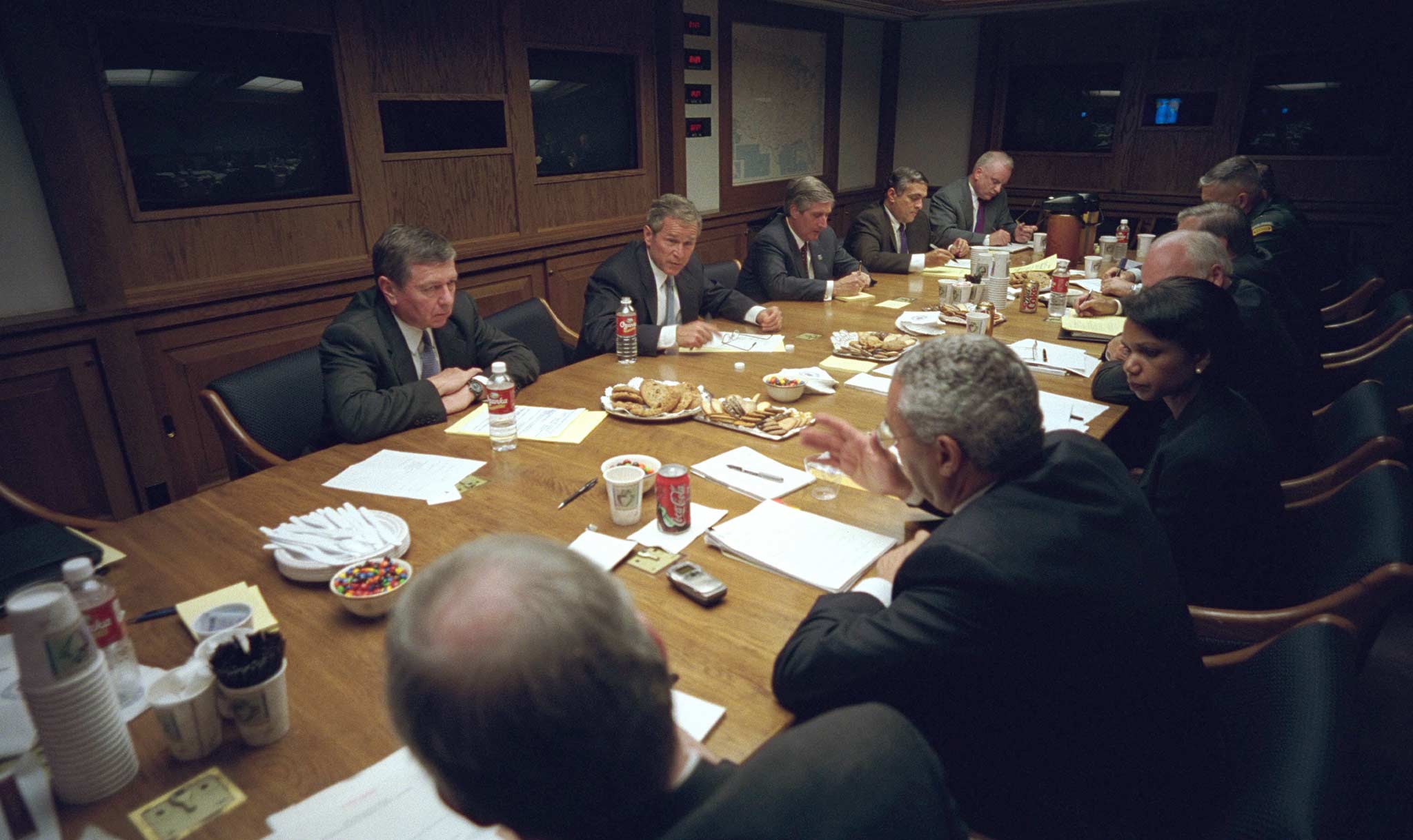 President George W. Bush speaks to security leaders in the bunker.