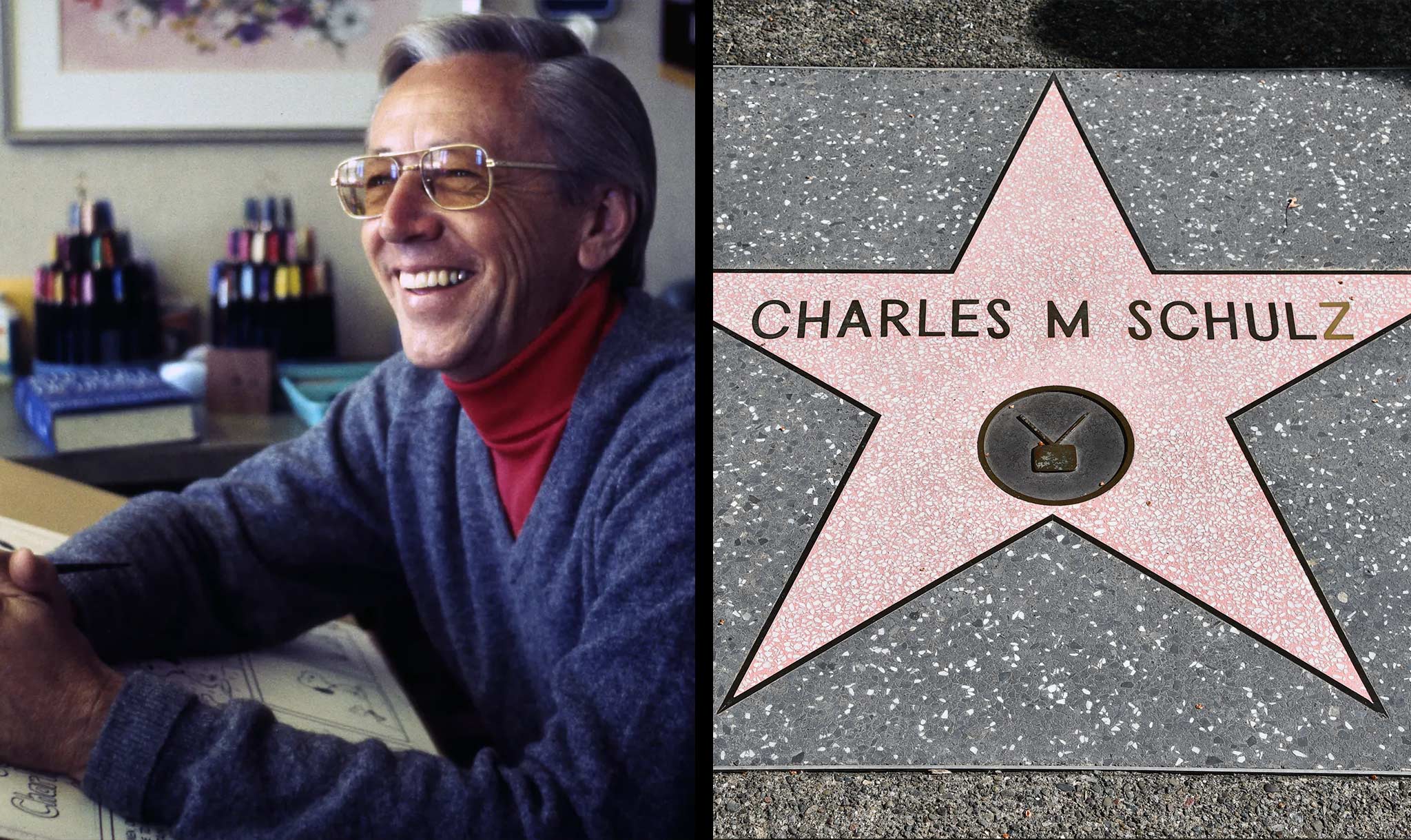 Charles Schulz in 1971 and with a star by his museum in California