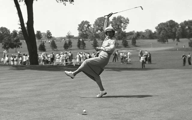 Zaharias urges her ball to go in the hole.