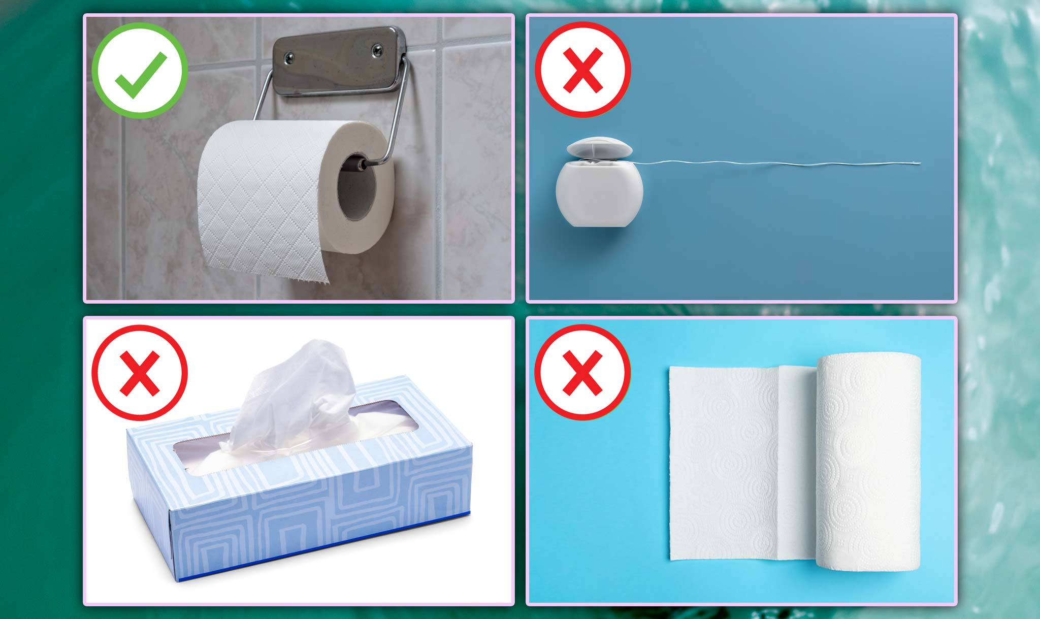 Toilet paper is flushable. But tissue, floss, and paper towels are not!
