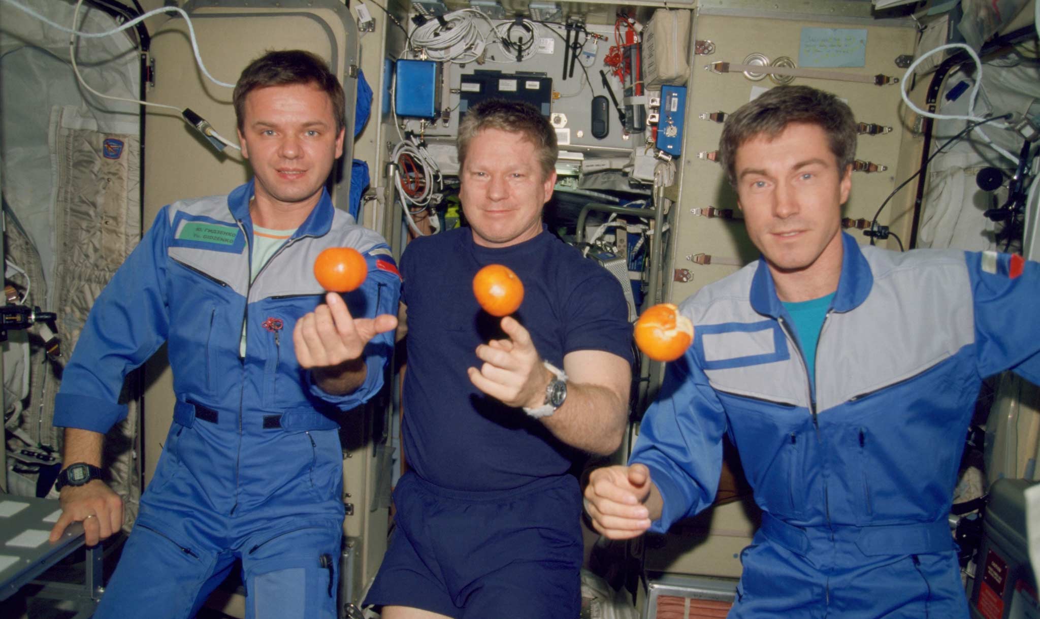 The members of Expedition 1 on the ISS in December 2000.