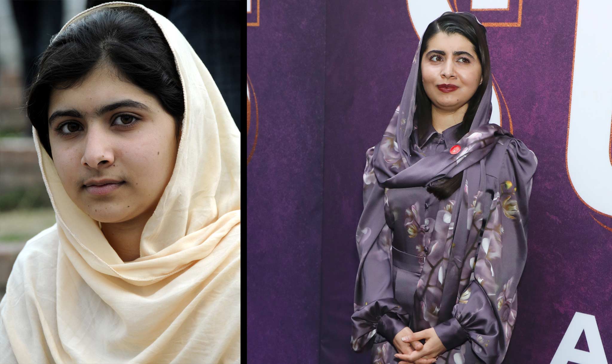 Malala worked for peace in 2012 (left) and still does in 2024!