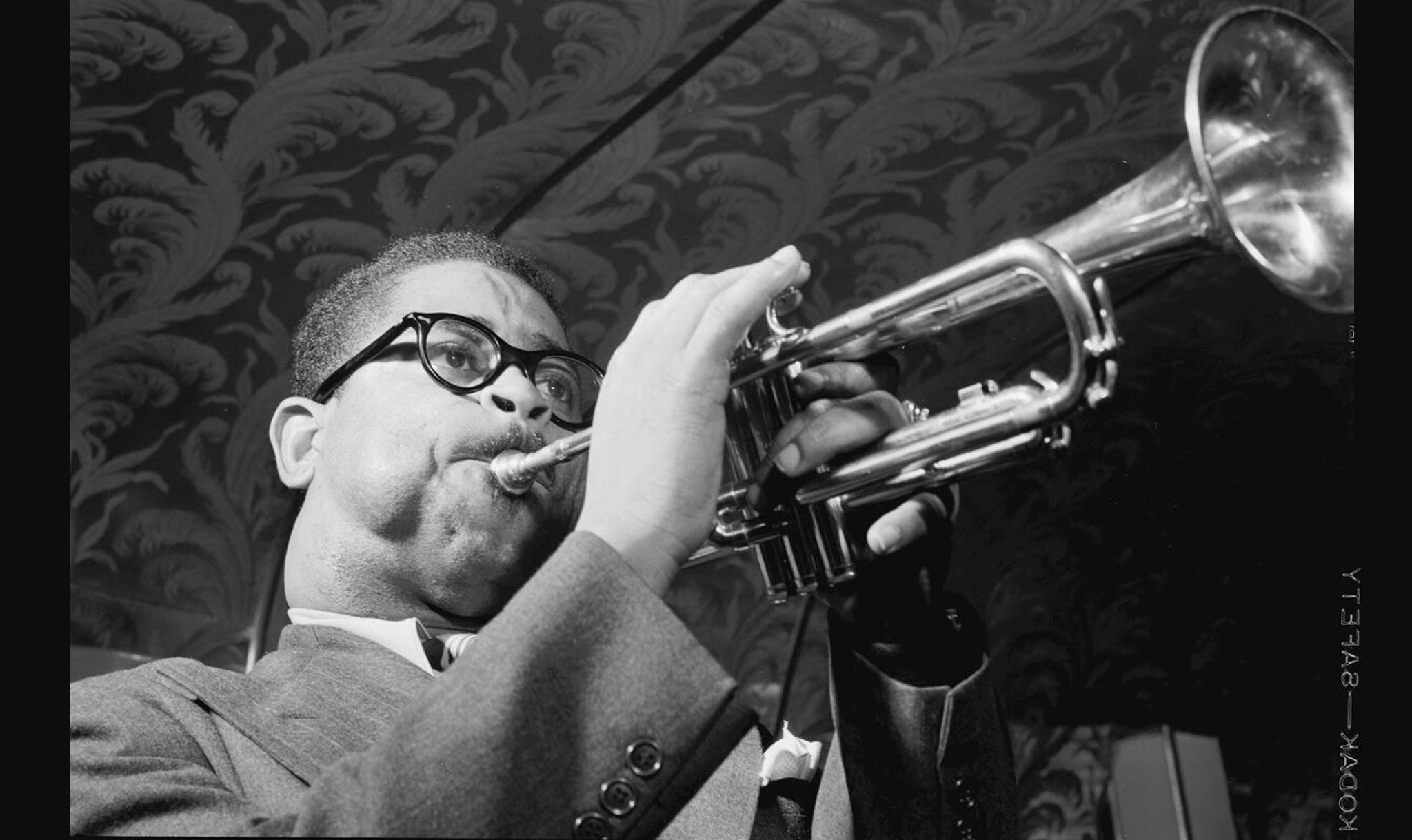 Gillespie plays trumpet in New York City in May 1947.