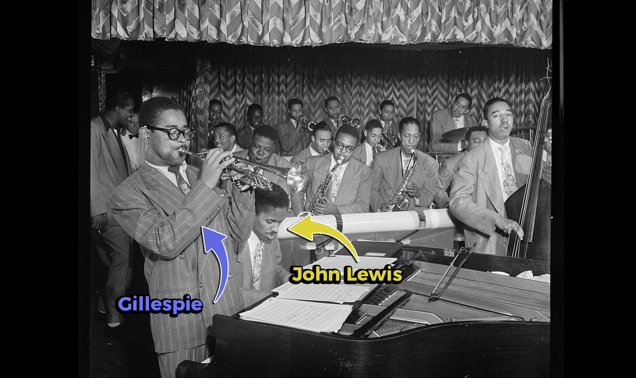 Gillespie with some other legends of jazz between 1946–48